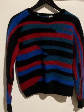 Vintage Women's Striped Crewneck Sweater in Black, Red, Green & Blue